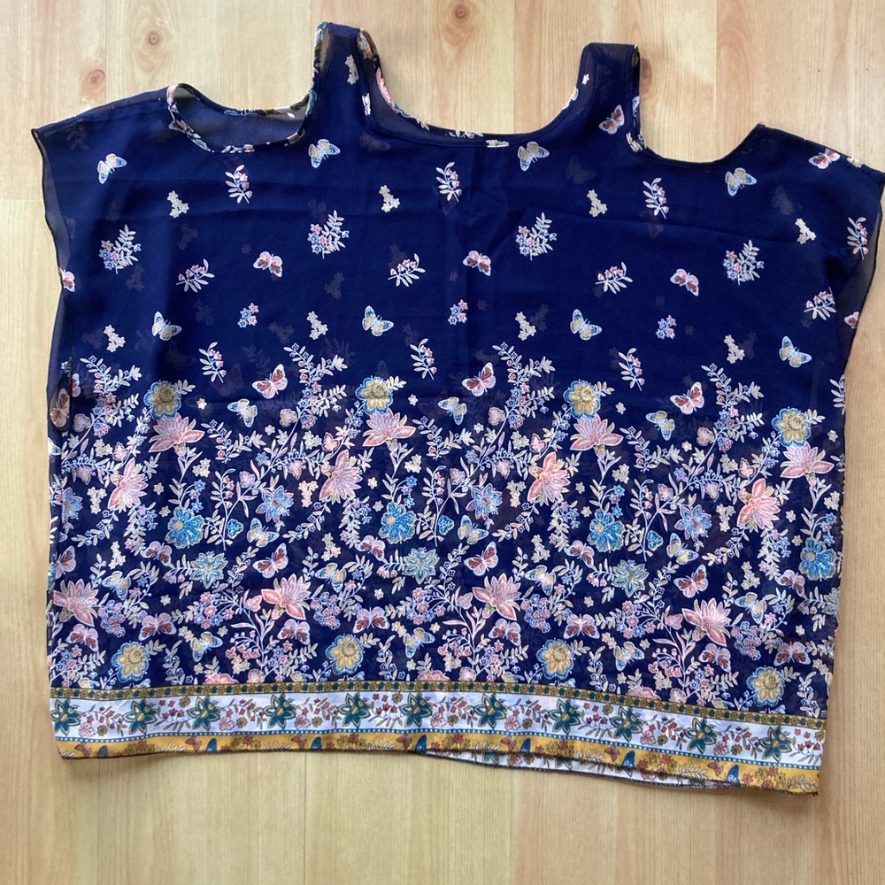 Pretty Floral Navy Blue Women's Poncho Cold Shoulder Scarf Top